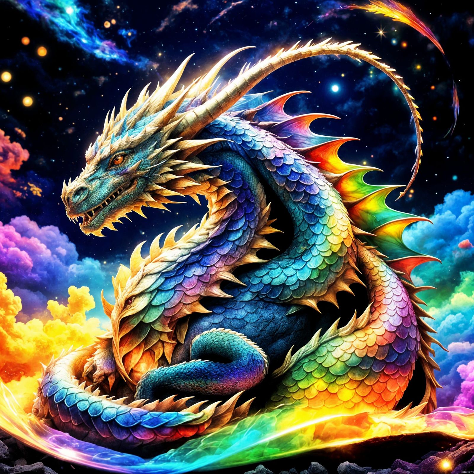 Iridescent Rainbow Dragon Sleeping in Mystical Night