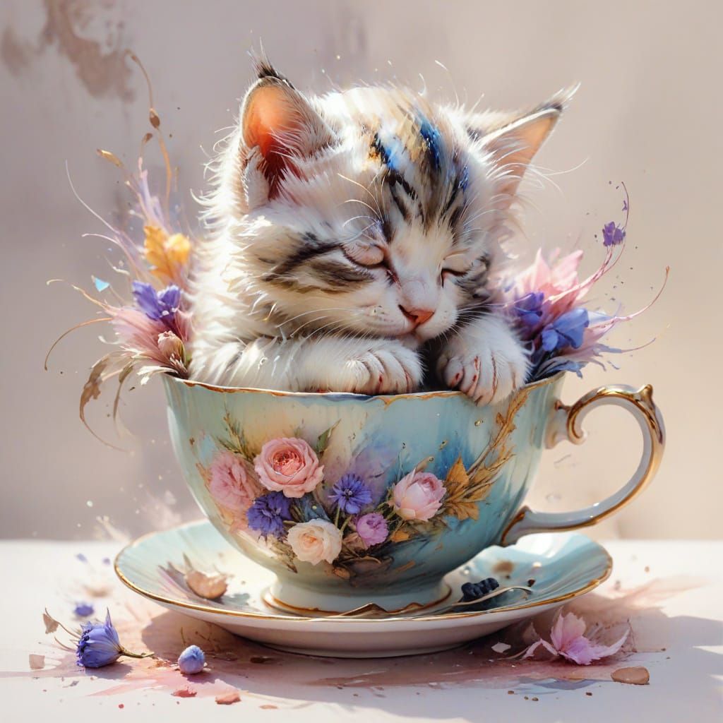 Sleepy Kitten in Teacup: Watercolour Art