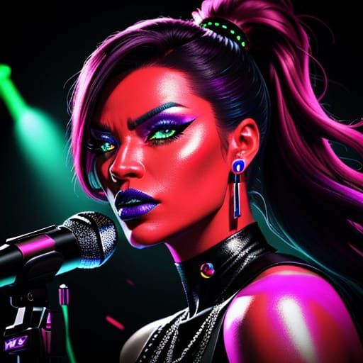Neon Diva Sings: Vibrant Digital Art Portrait