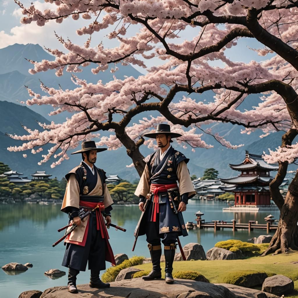 Cowboy Samurai Under Sakura Tree, Japanese Landscape