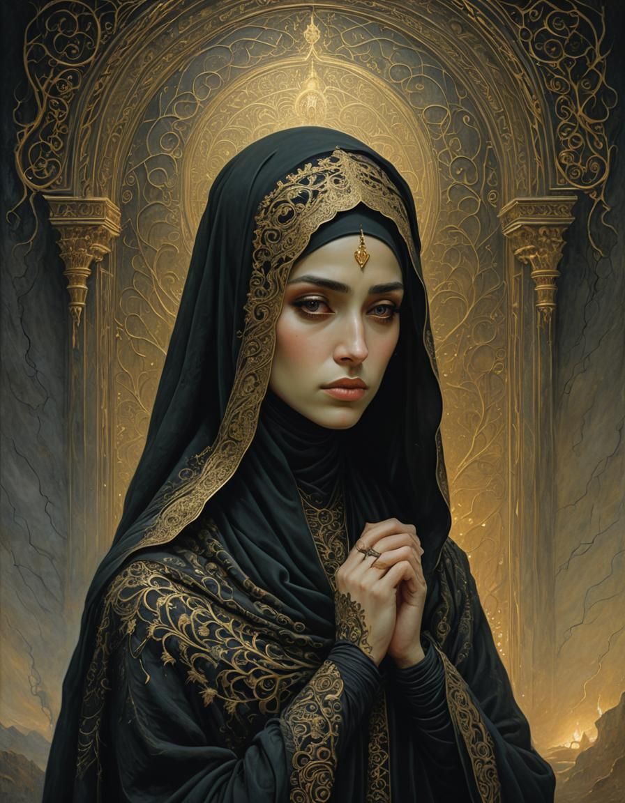 Mysterious Woman in Black Hijab with Gold Embroidery