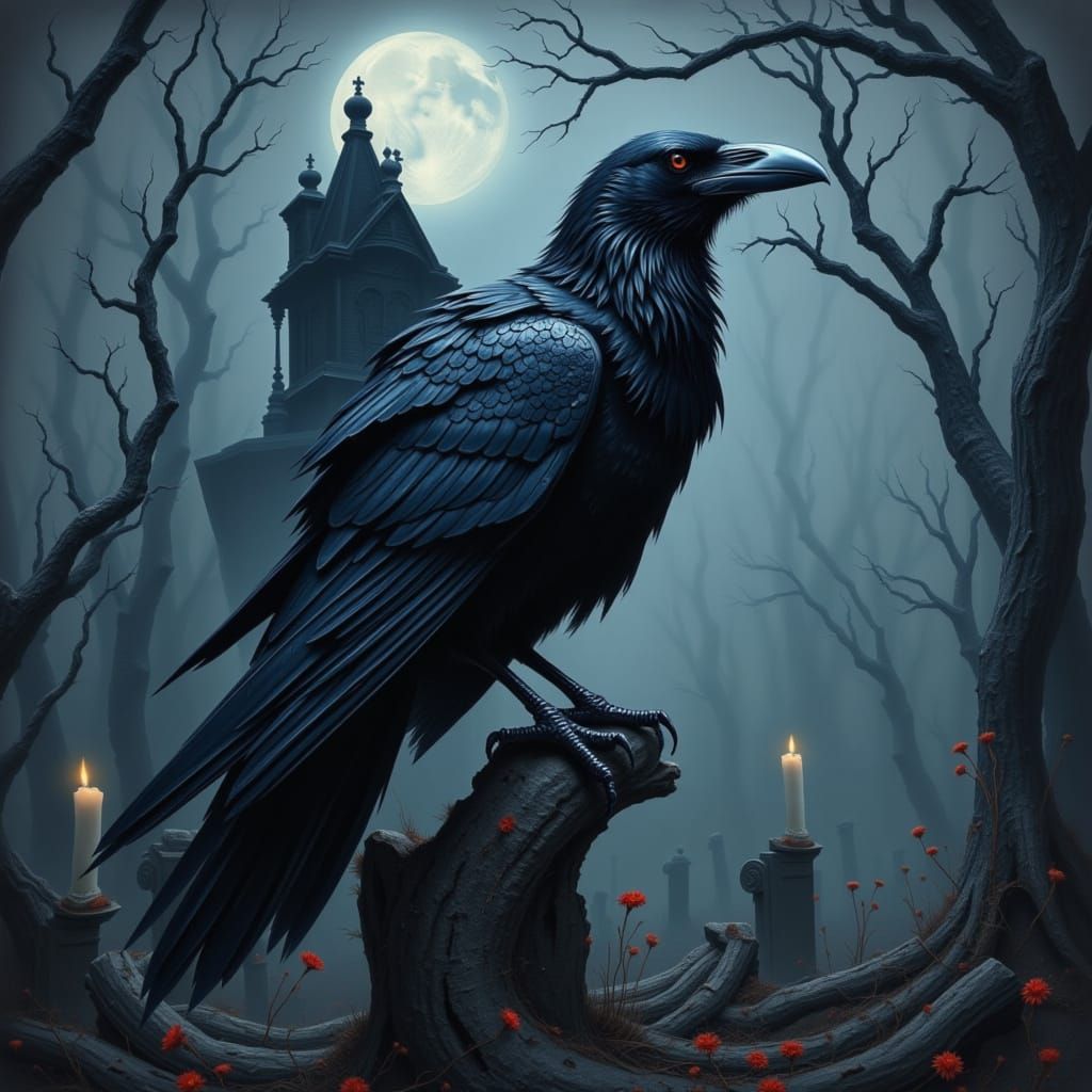 Raven on Gravestone in Mystical Dark Romanticism Style
