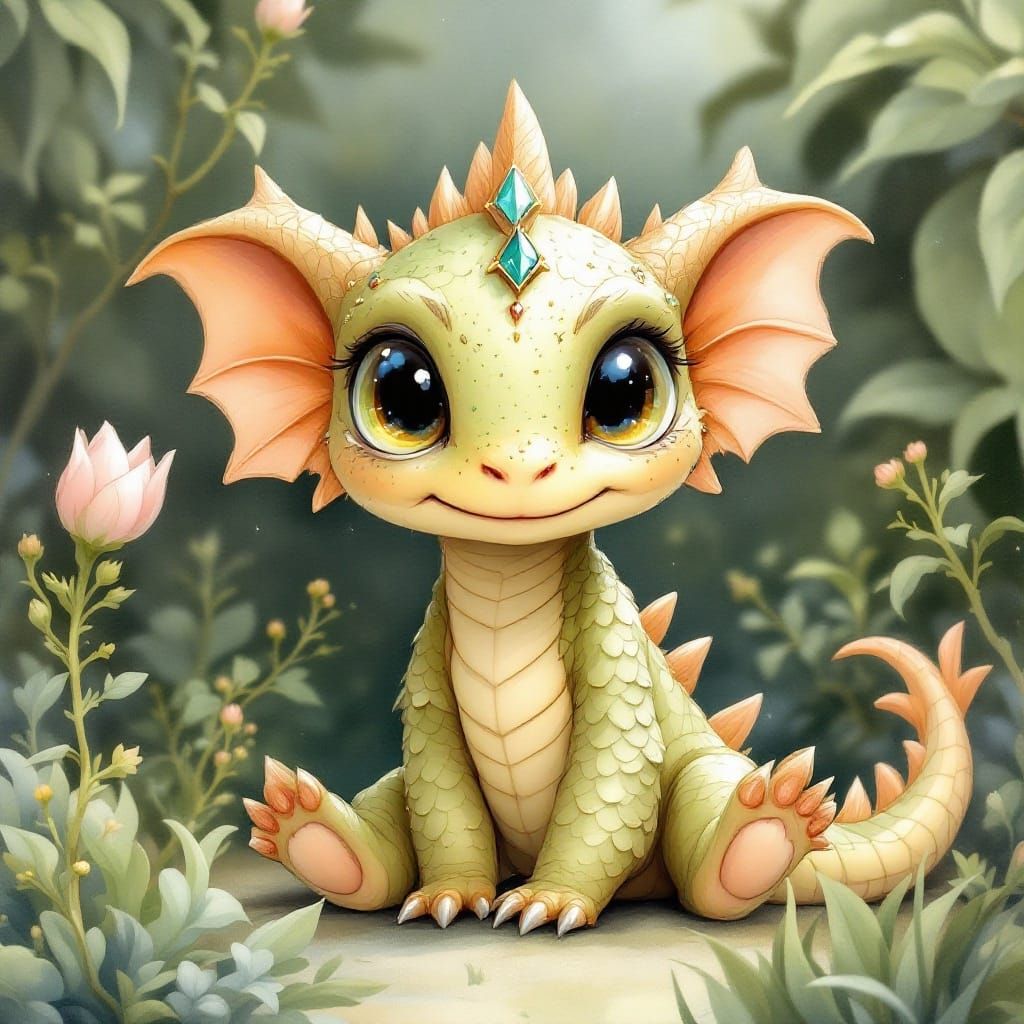 Whimsical Watercolor Baby Dragon in Enchanted Forest