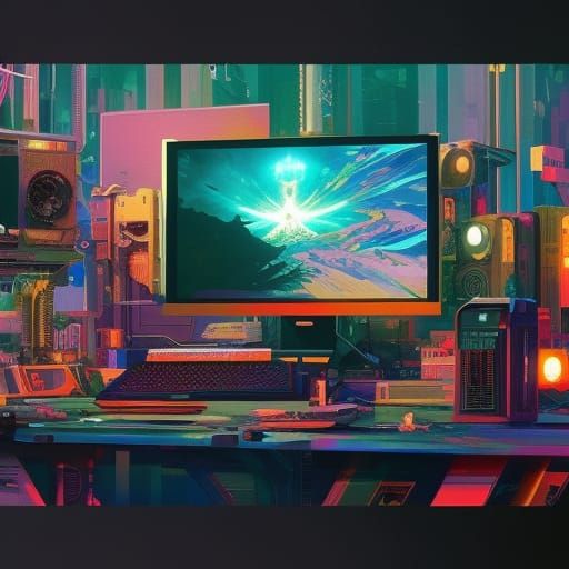 Futuristic Fantasy Computer: Intricate Collage Illustration