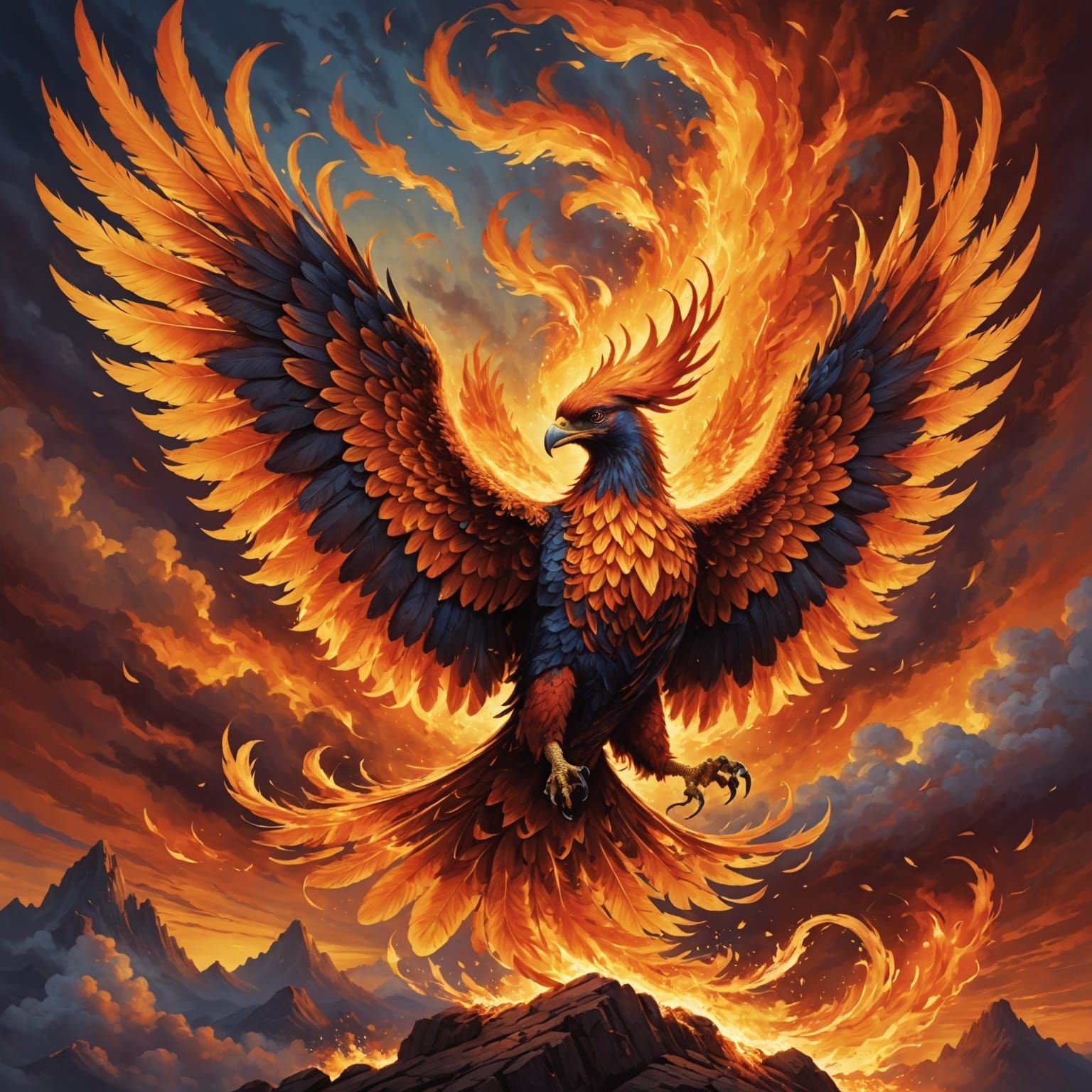 Majestic Golden Phoenix Soars Through Sunset Sky
