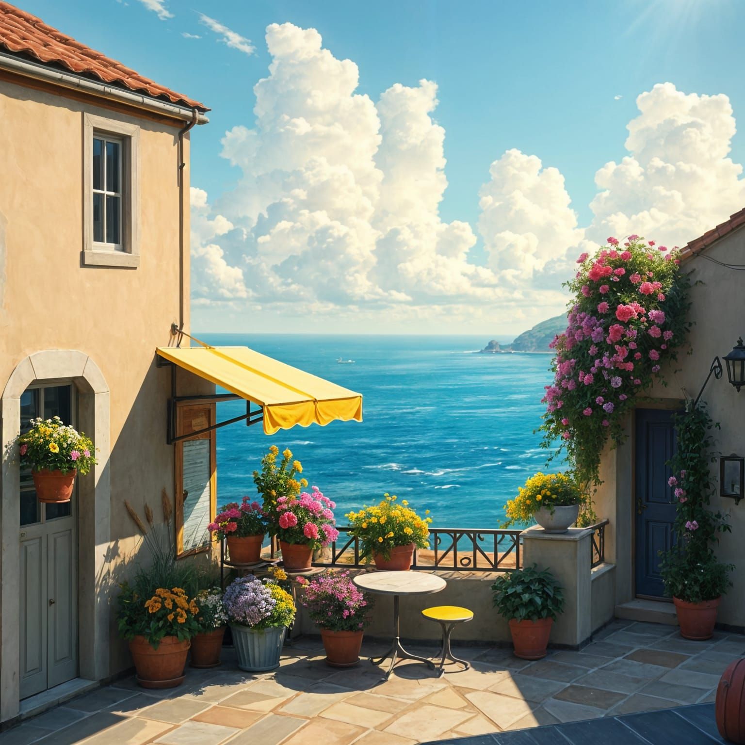 Whimsical Coastal Cafe Scene in Digital Painting Style