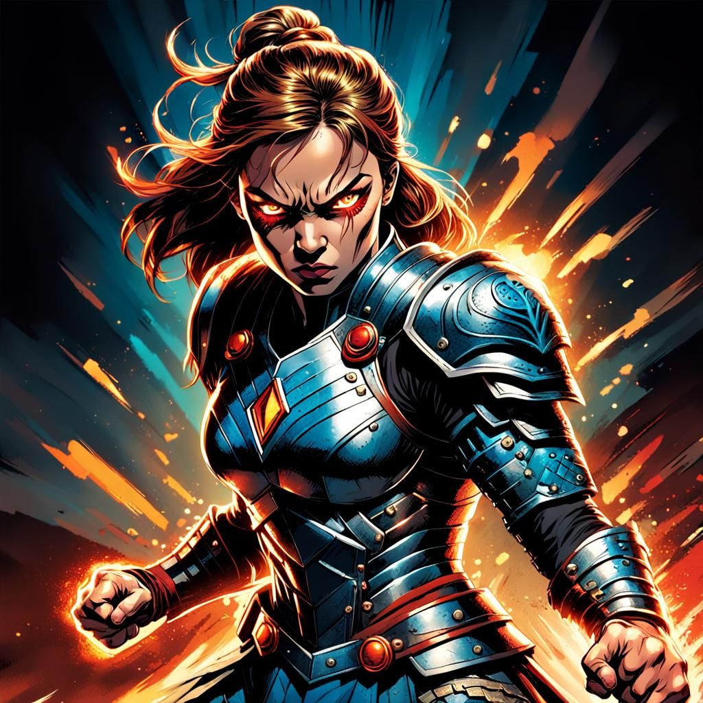 Dynamic Female Warrior in French Comic Book Art Style