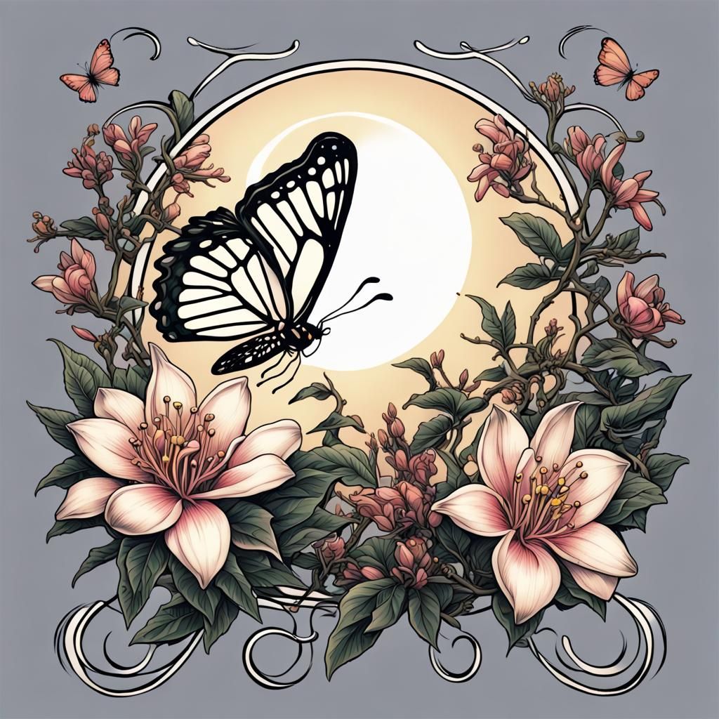 A tattoo of a honeysuckle flower with a butterfly  next to it and a small crescent moon in the back