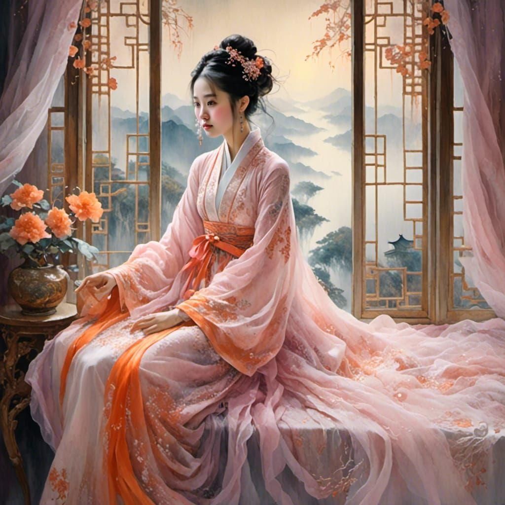 Chinese Woman in Chiffon Dress, Josephine Wall Style