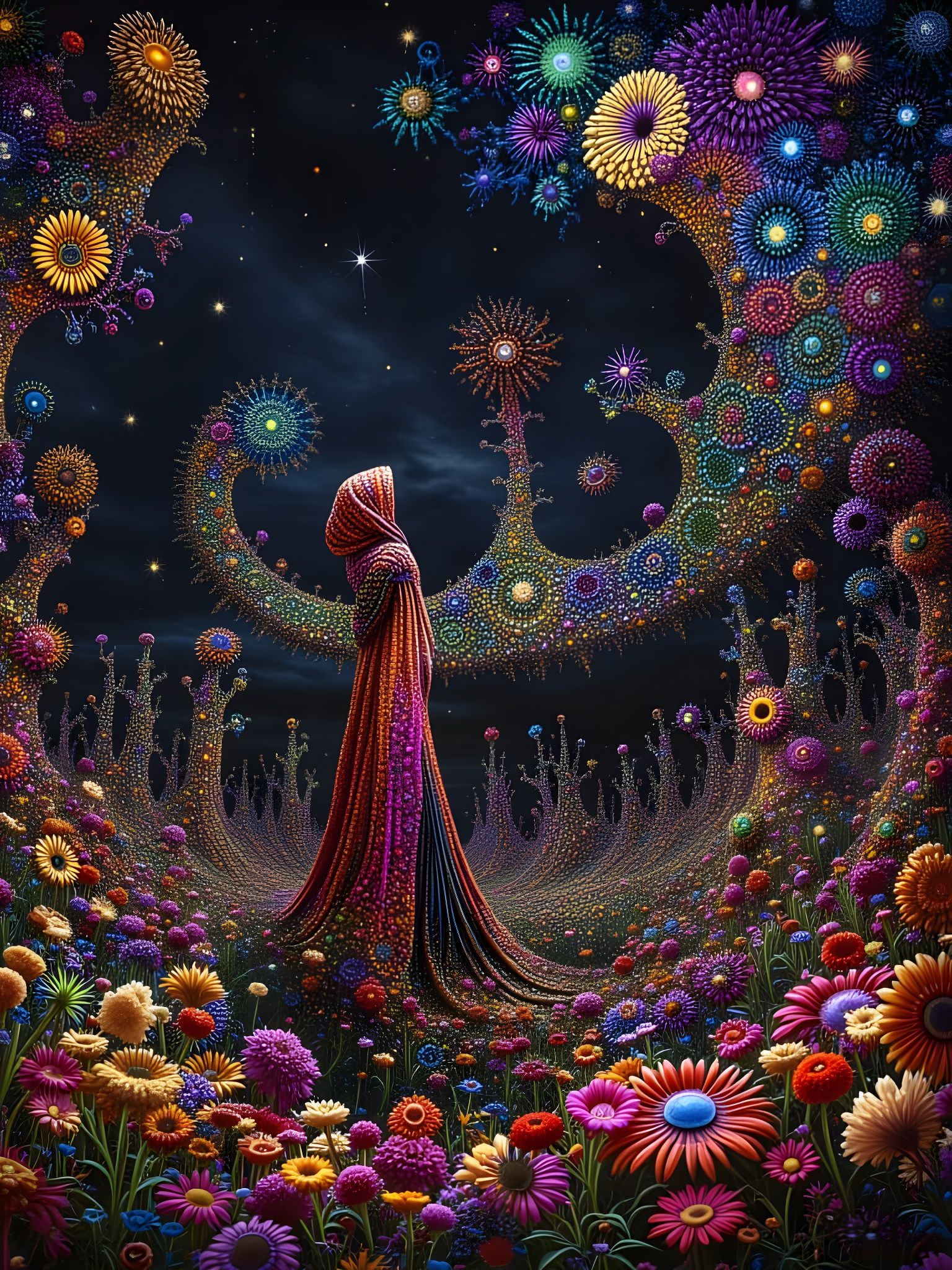 Alien Woman in Surreal Meadow with Magic Potion
