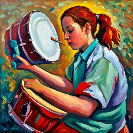 Colorful Drummer Girl in Expressionist Impasto Style