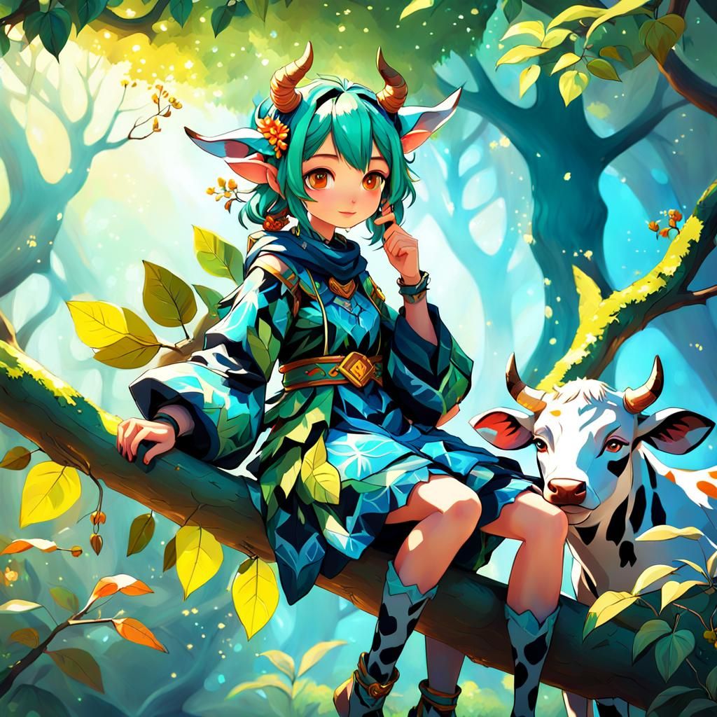 Anime Cow Girl in a Fantasy Landscape