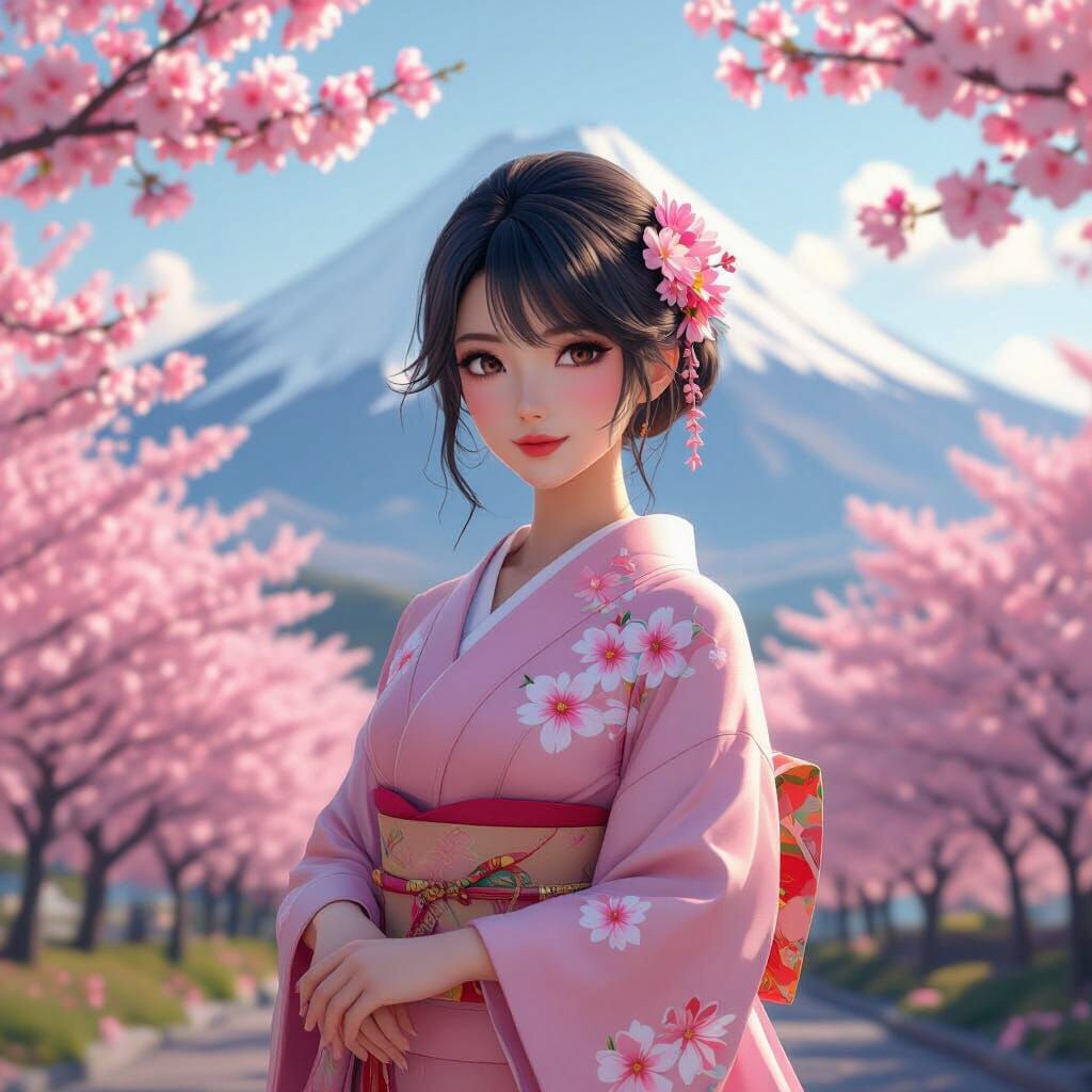 Japanese Woman in Pink Kimono with Mount Fuji