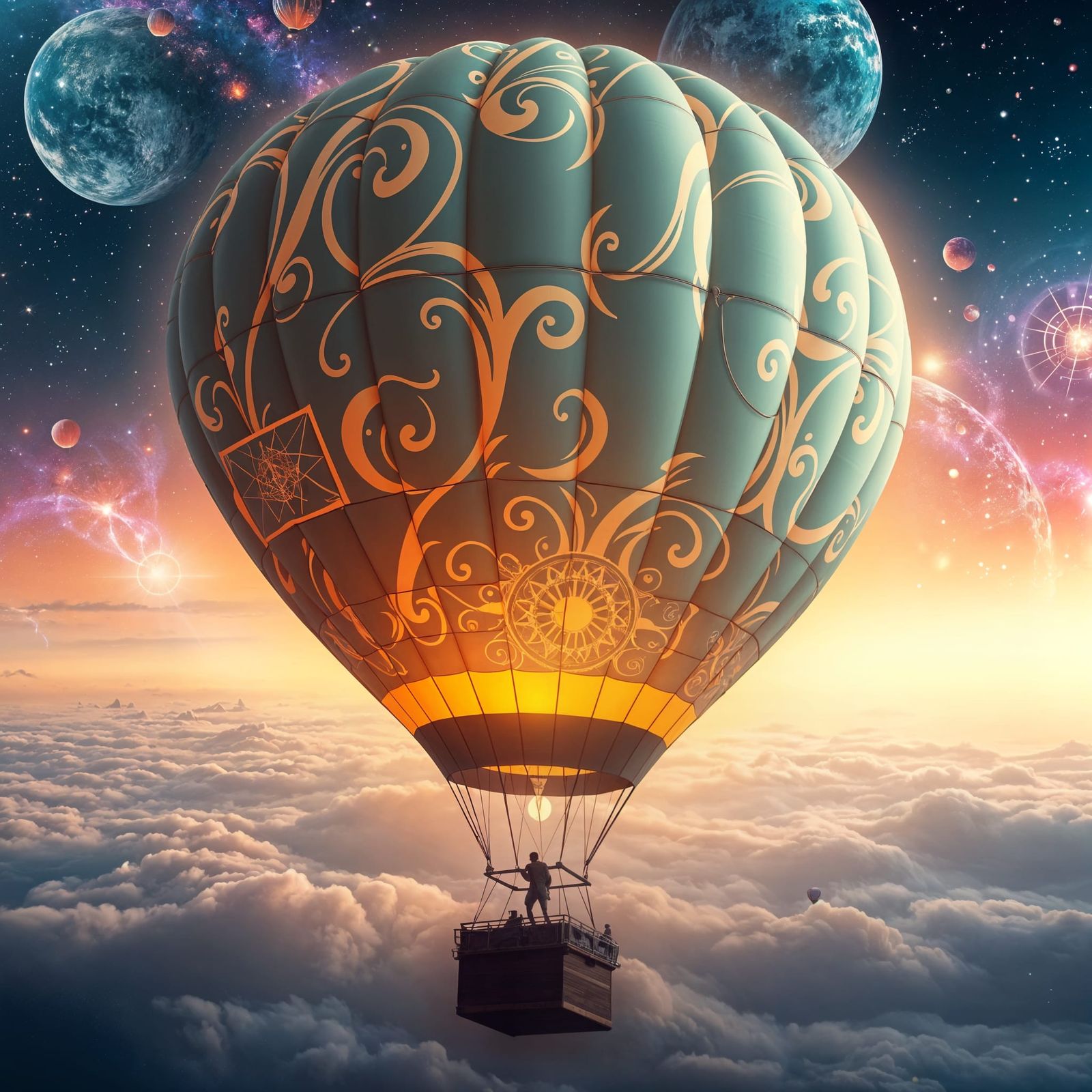 Ethereal Hot Air Balloon Soaring Through Cosmos