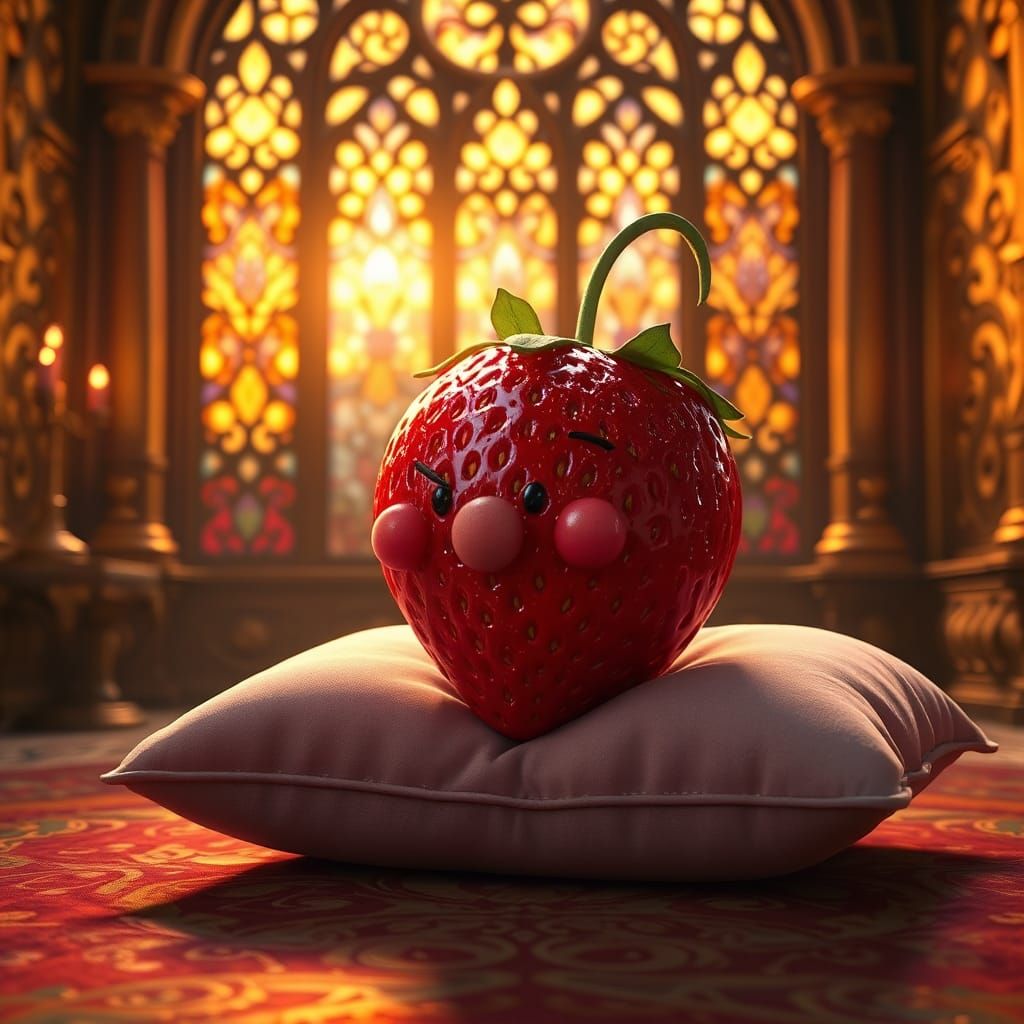 Anthropomorphic Strawberry in Golden Chamber, Fantasy Art