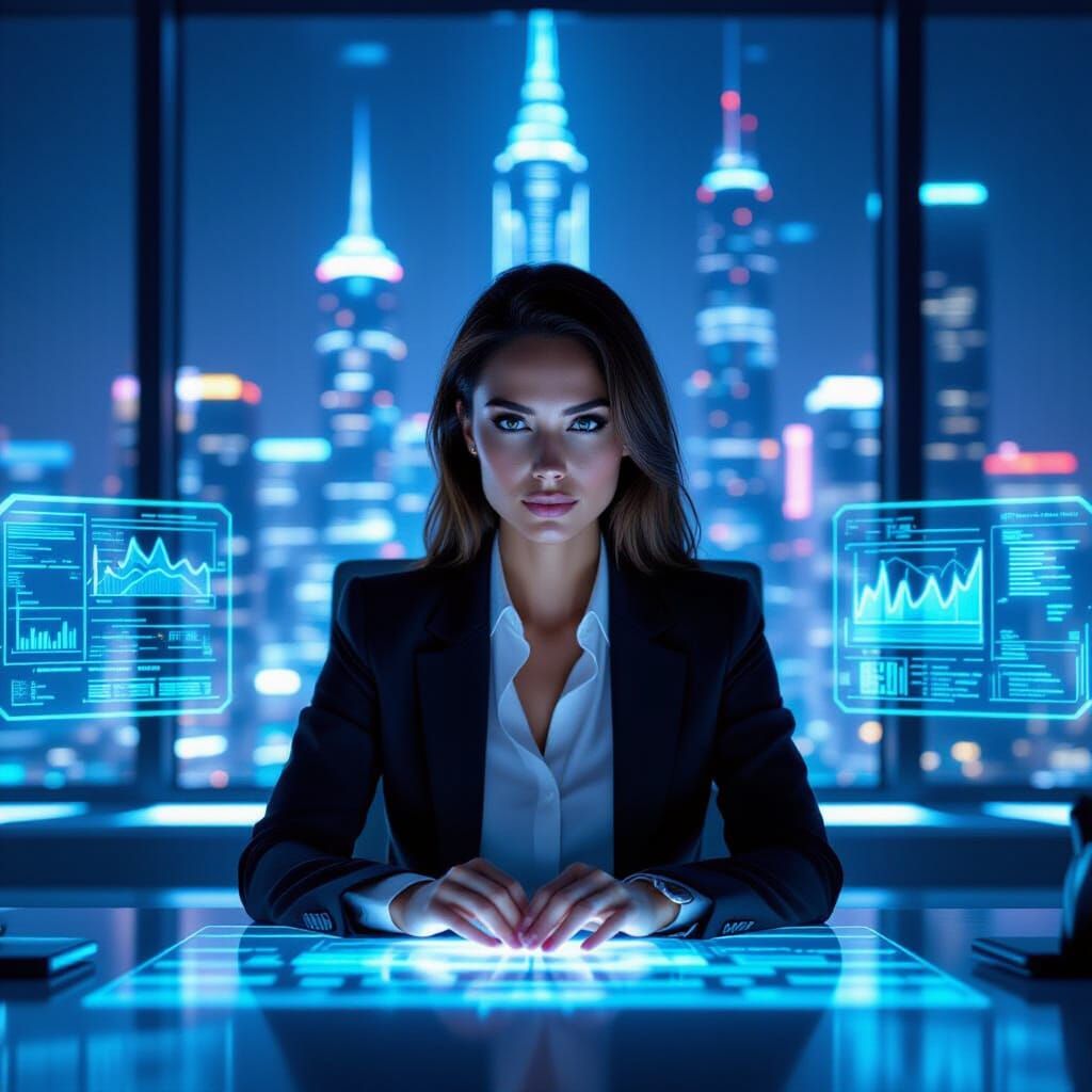 Woman in Futuristic Office with Holographic Data Displays