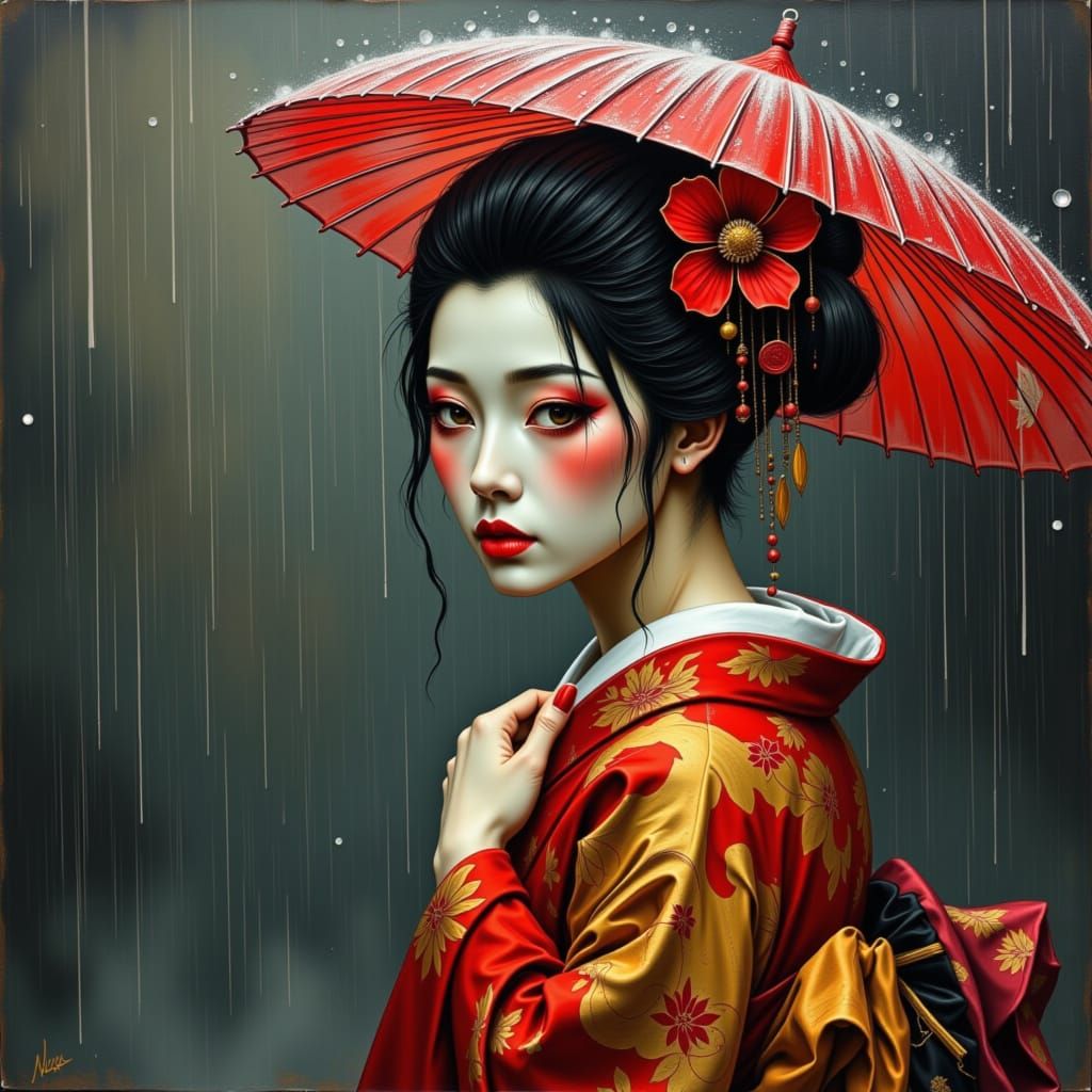 Geisha in Rain as Impasto Painting