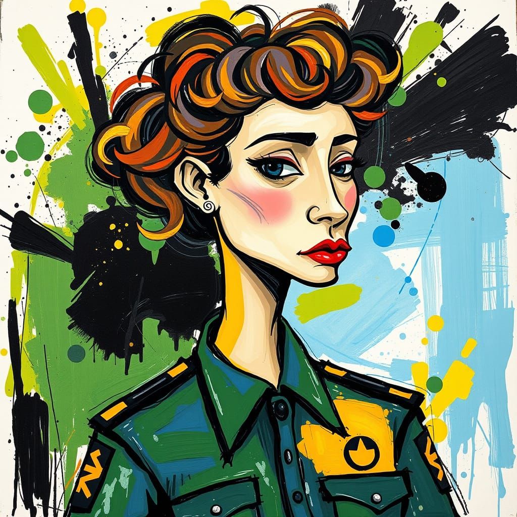 Woman in Vibrant Cubist Police Uniform with Elongated Neck a...