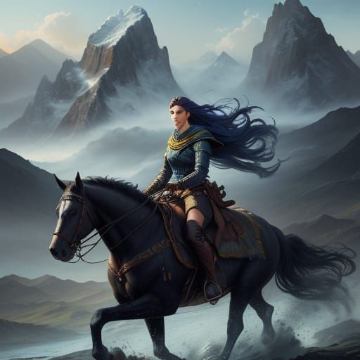 Beautiful Woman on Horseback in Vibrant Oil Painting Style