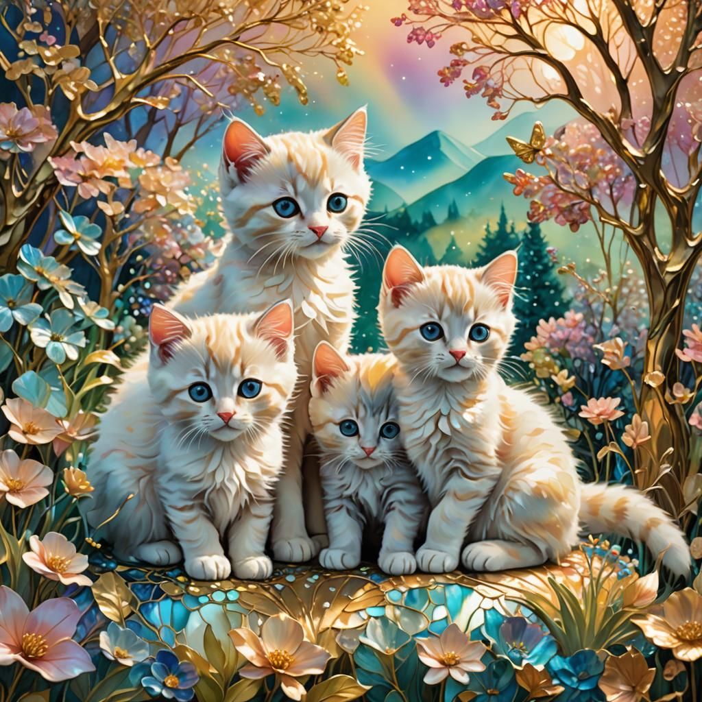 Kittens Play in Iridescent Surreal Garden