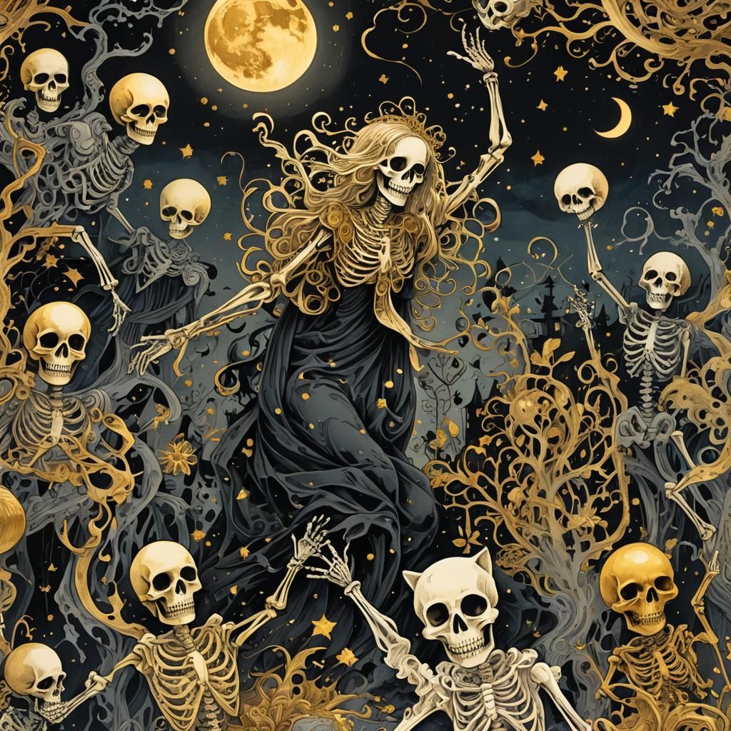 Whimsical Ink Illustration: Dancing Ghosts and Moon