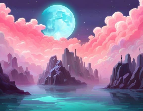Glowing Sci-Fi Moon Reflections in Neon Splash Art