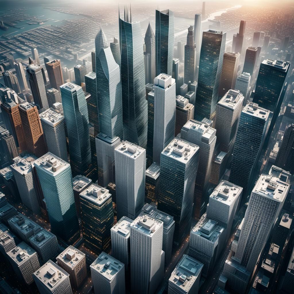 Hyperrealistic Silver Cityscape Aerial View Photography