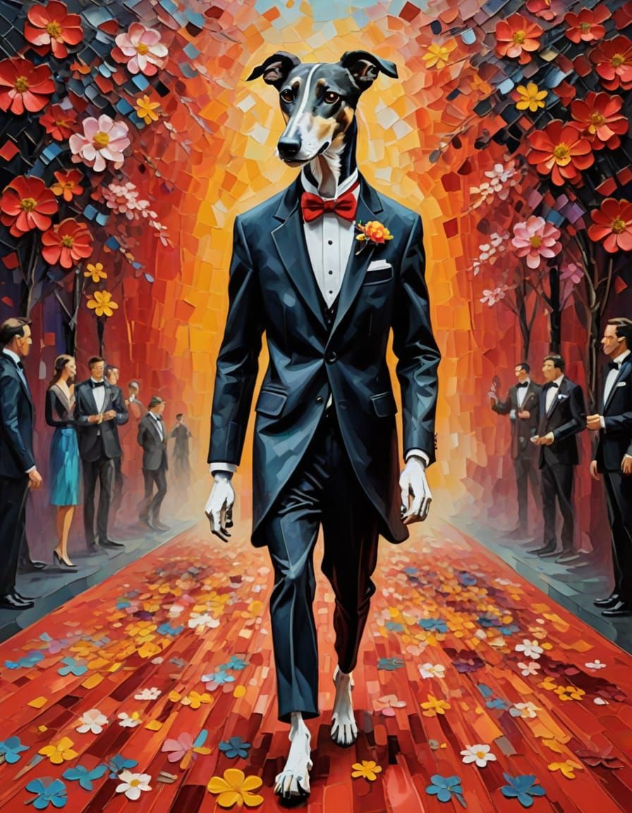 Ethereal Greyhound Struts on Red Carpet in Impasto Oil Paint...