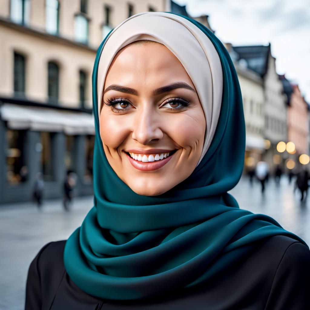 Elegant German Girl in Hijab Smiling in City