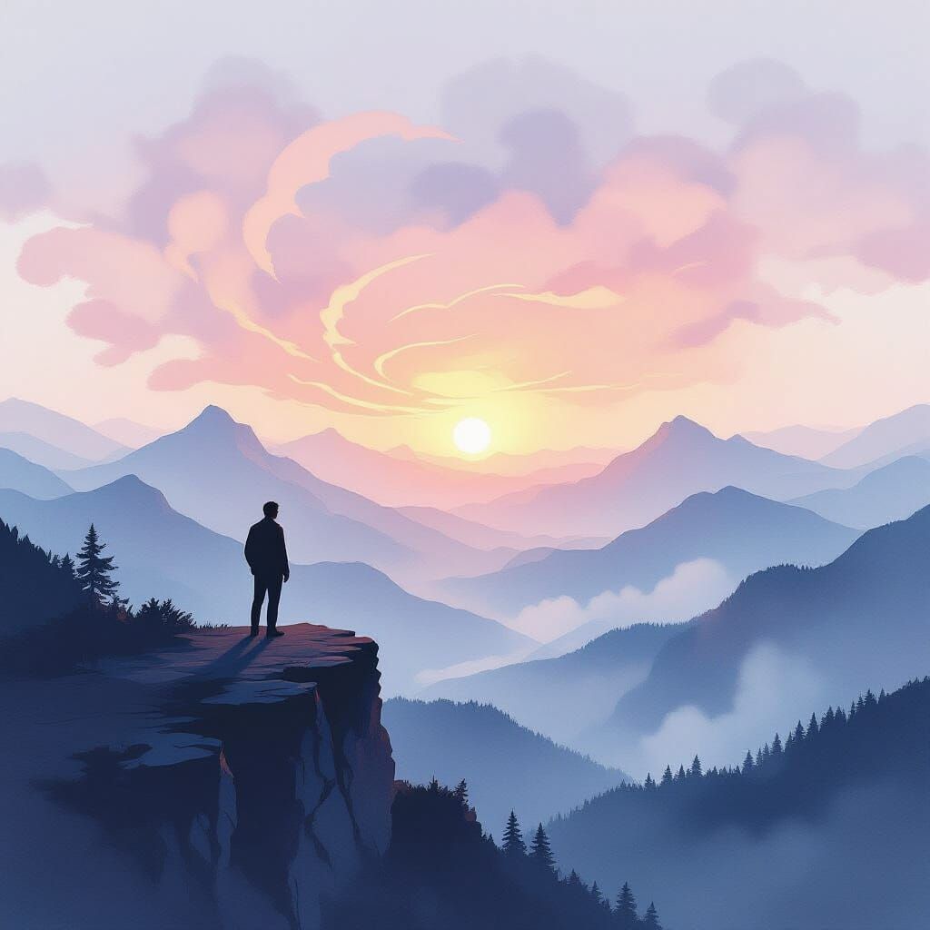 Man Silhouetted Over Dreamlike Mountains at Surreal Dawn