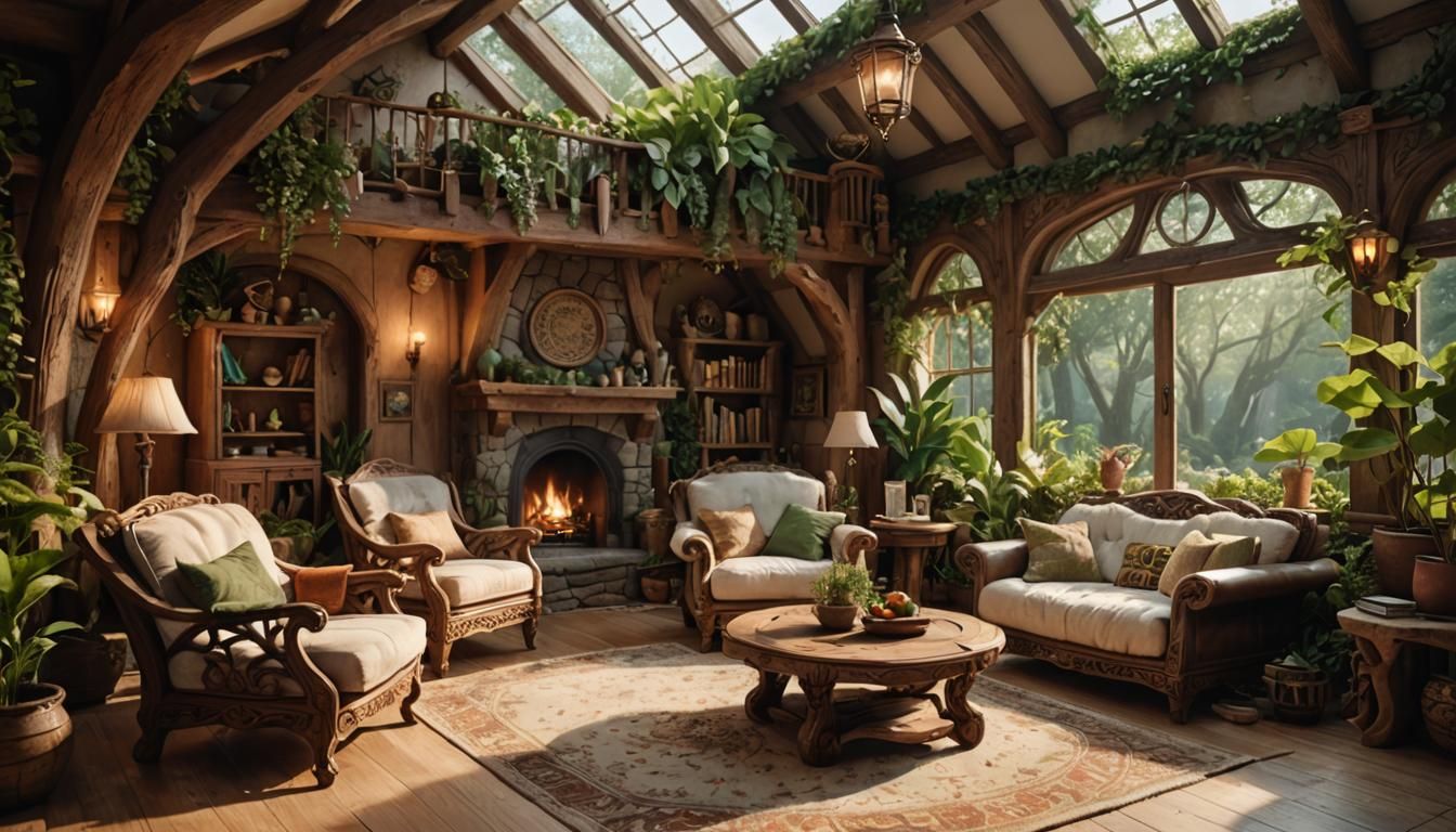 Cozy Elven Living Room with Lush Greenery