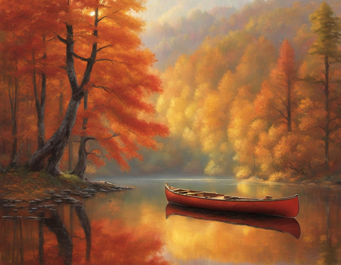 Autumn Forest Lake Scene with Abandoned Canoe