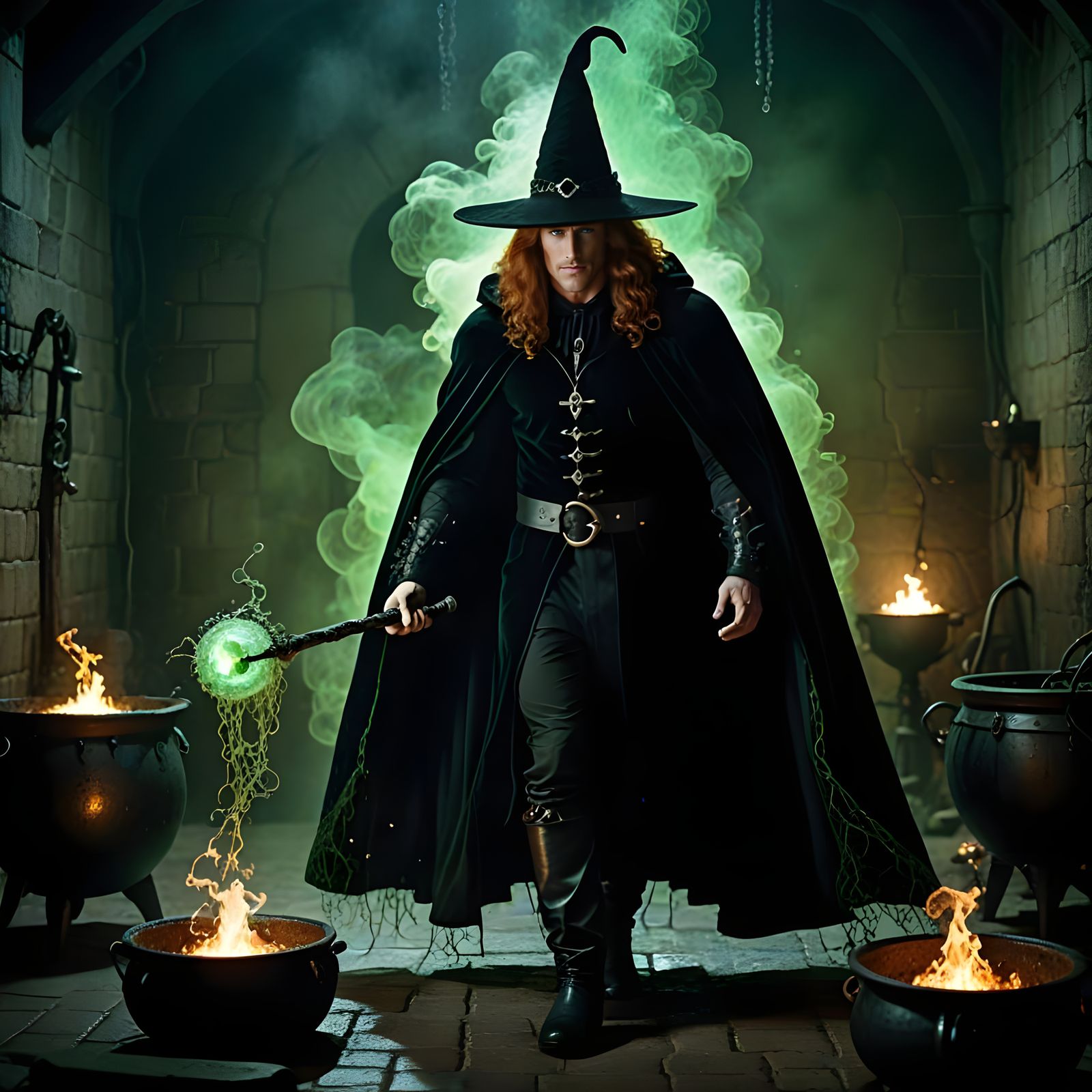 Muscular Wizard Brewing Potion in Gothic Dungeon