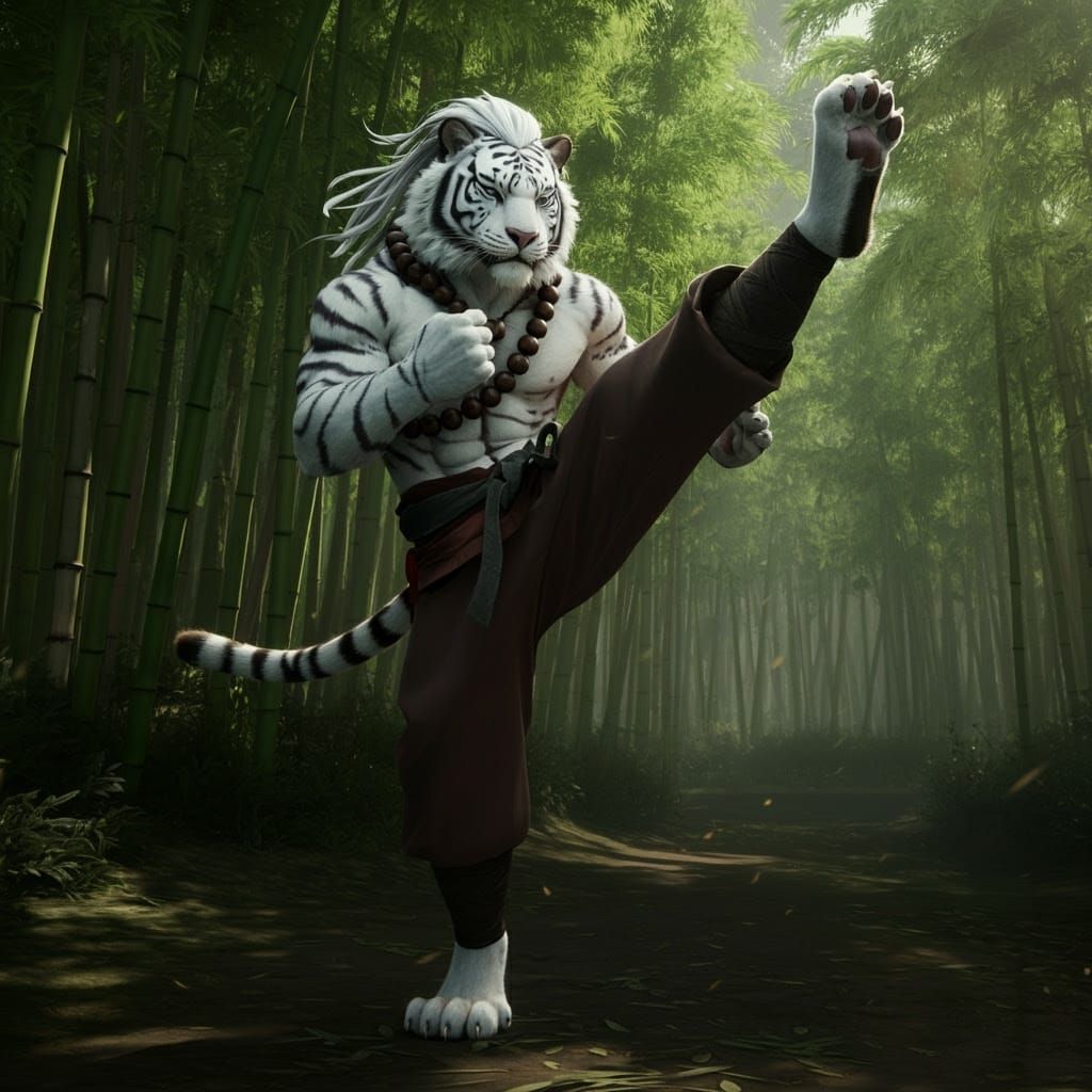 Epic Fantasy Digital Painting of a White Tiger Monk in a Bam...