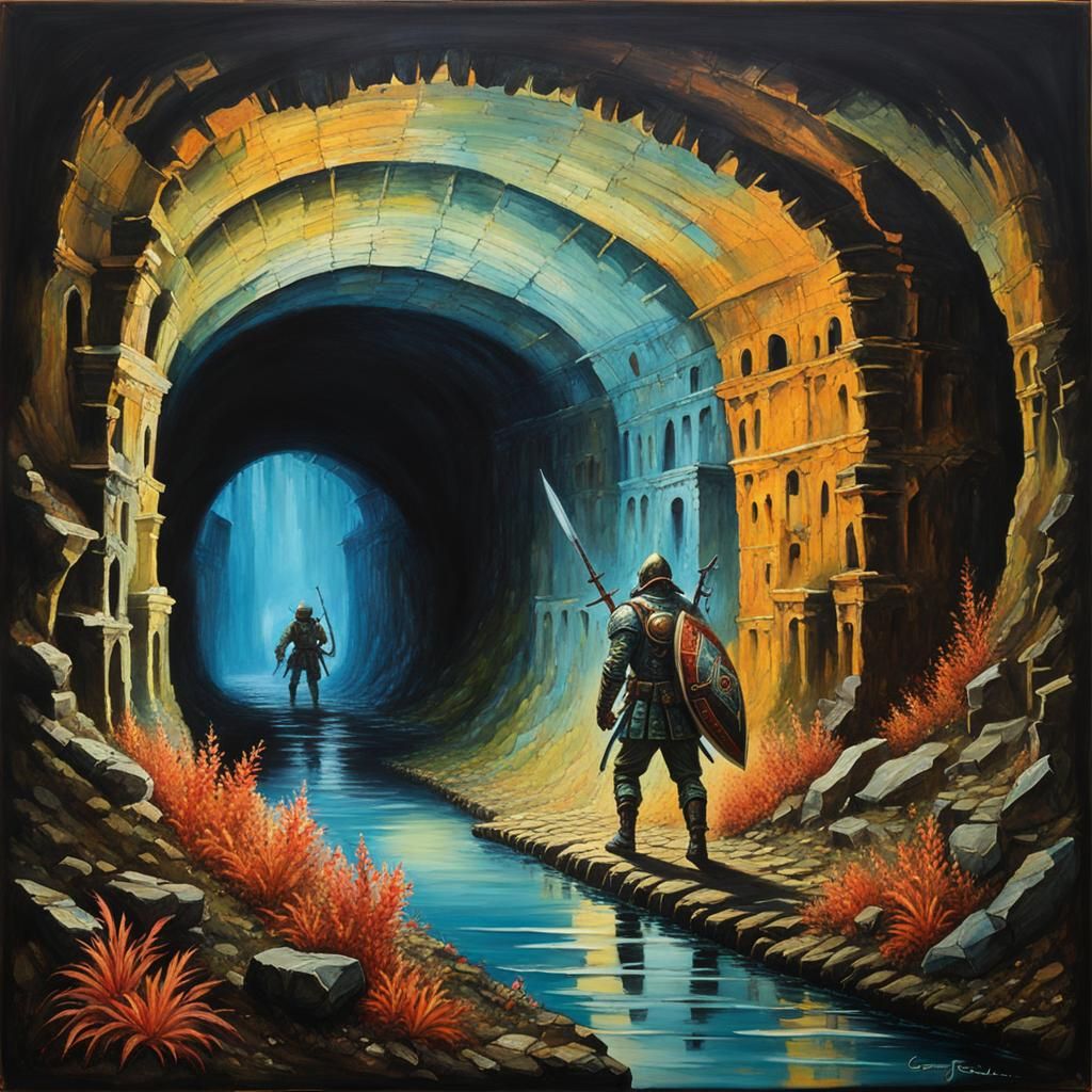 Myconid Warrior Navigates Catacombs in Encaustic Oil Gouache