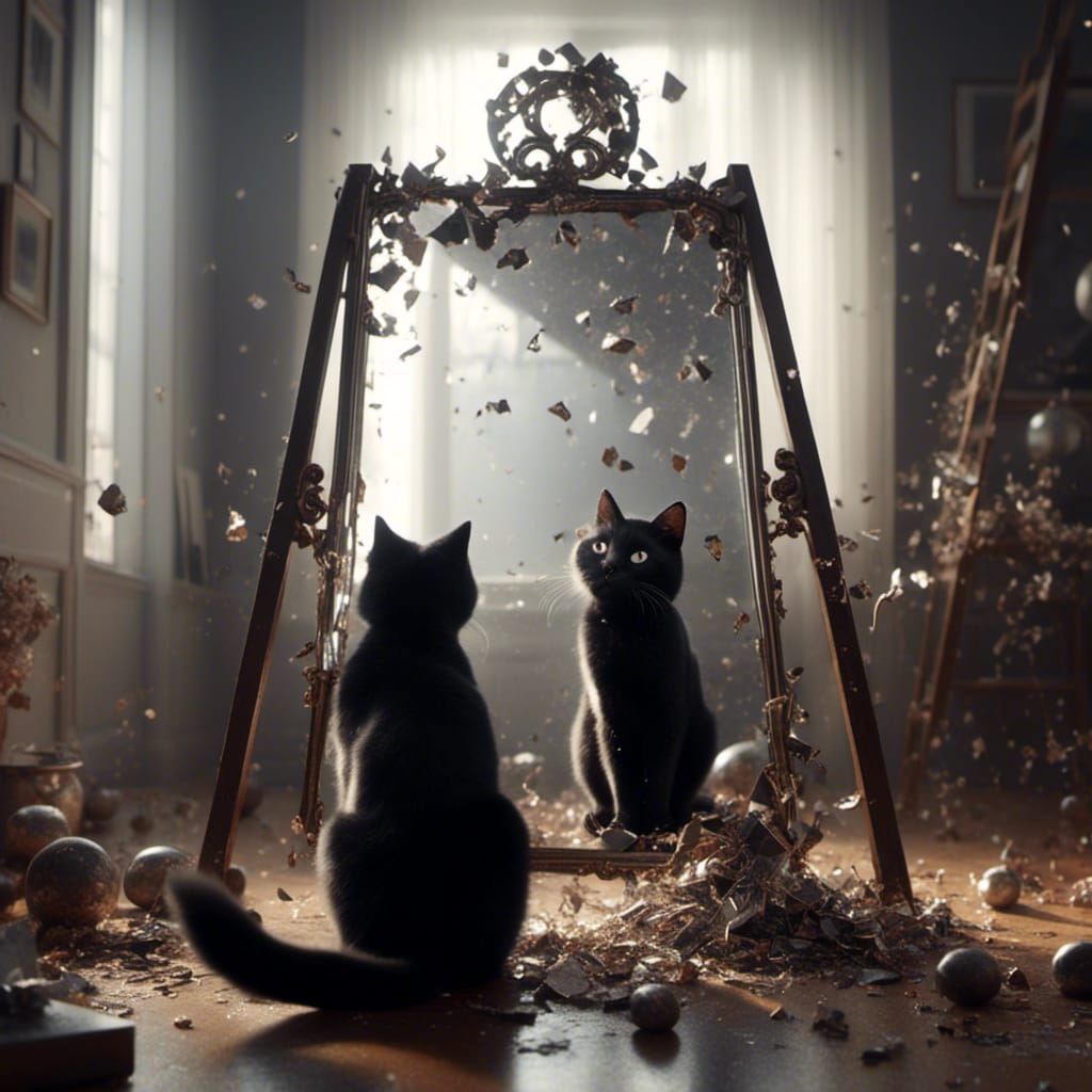Black Cat, Ladder, and Broken Mirror