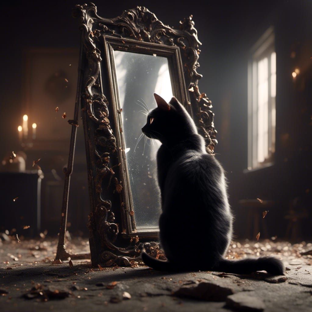 A Black Cat and Broken Mirror Under Ladder