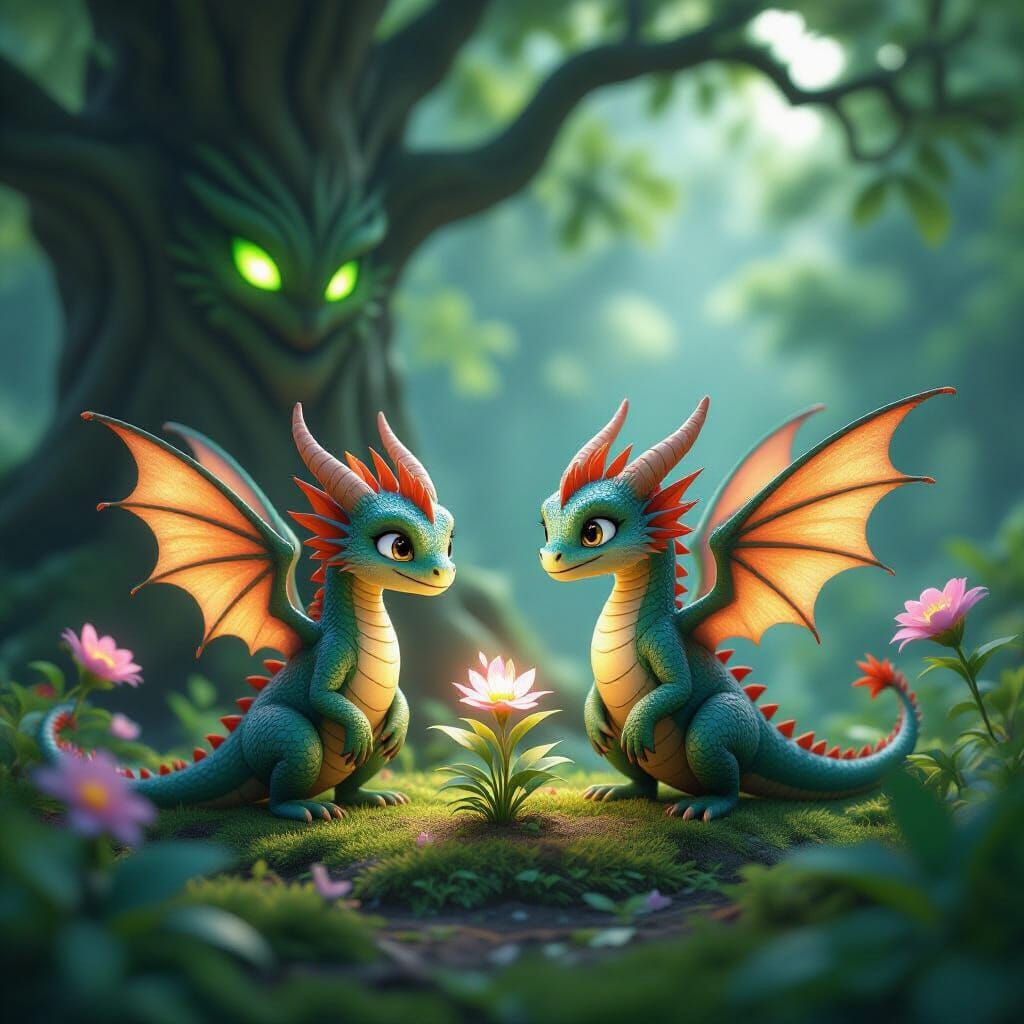 Enchanted Grove: Miniature Dragons Tend Glowing Flora