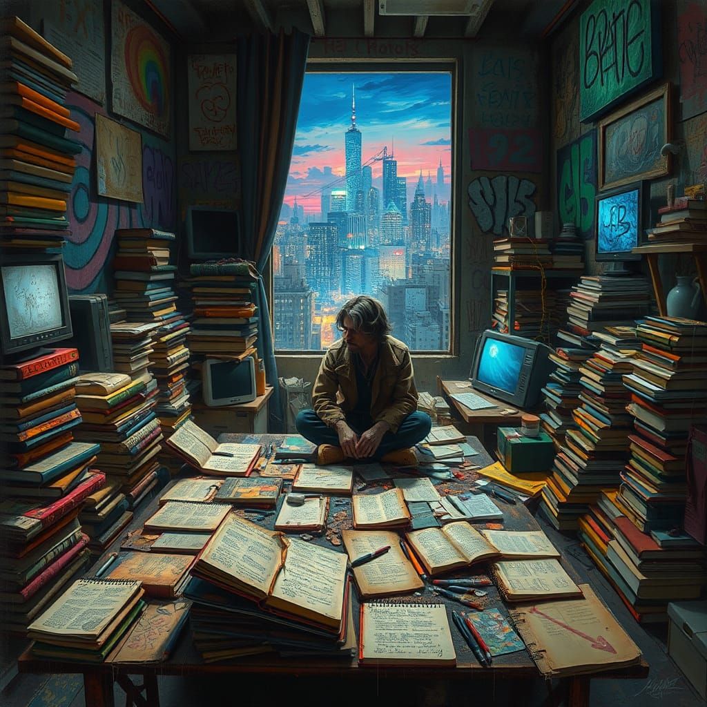 Solitary Figure in Cluttered Room with Graffiti Art