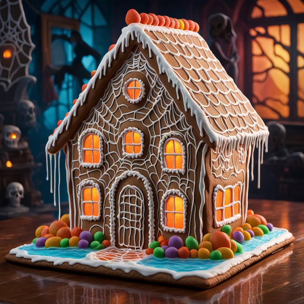 detailed Haunted gingerbread house, spiderweb icing, Hyperrealistic, splash art, concept art, mid shot, intricately det...