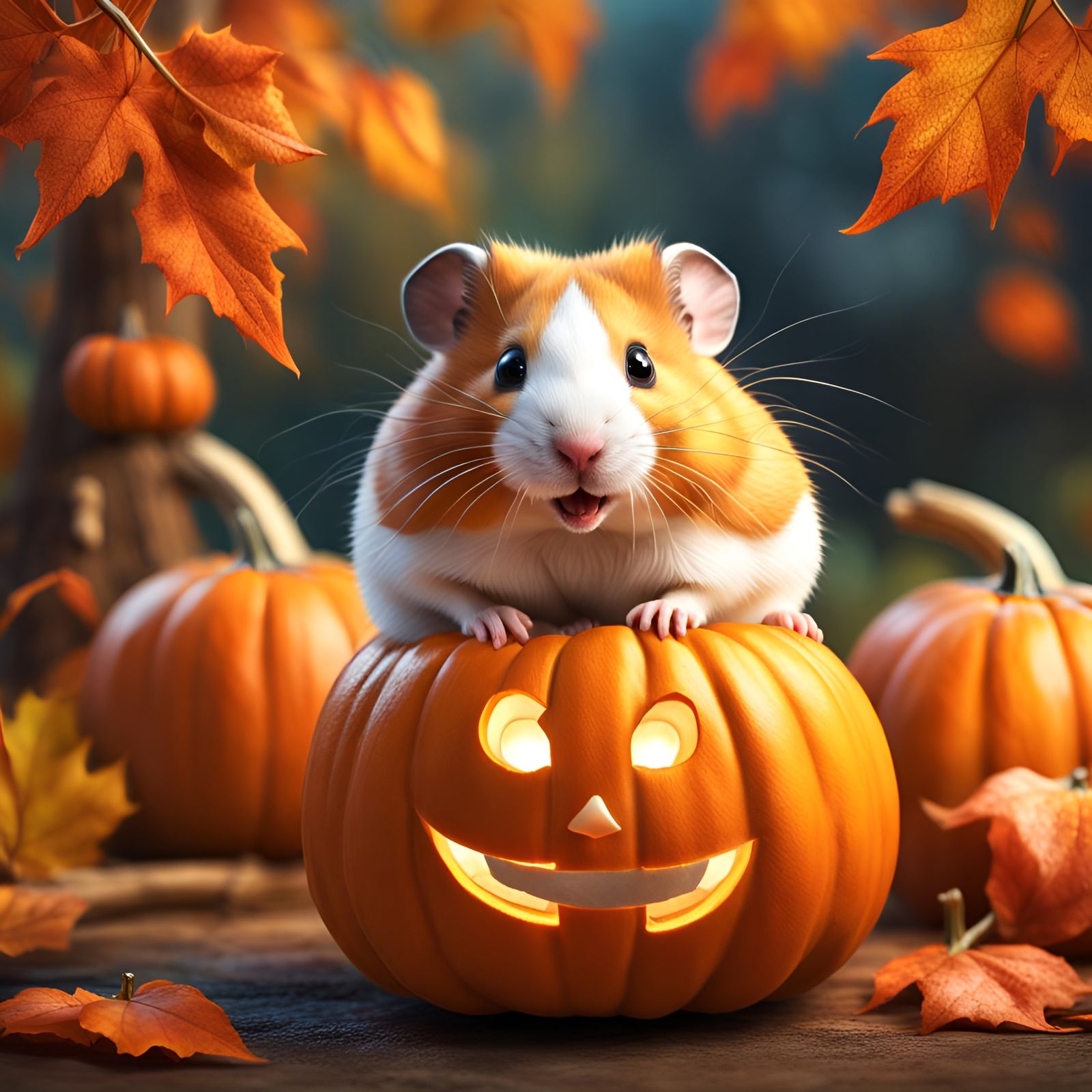 Hamster and Intricate Pumpkin Carving, Digital Art