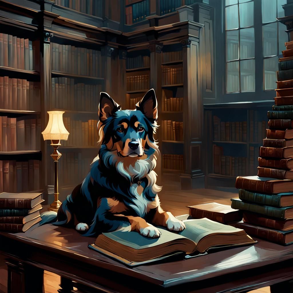 Gloomy Dog in Old Library: Melancholic Digital Art