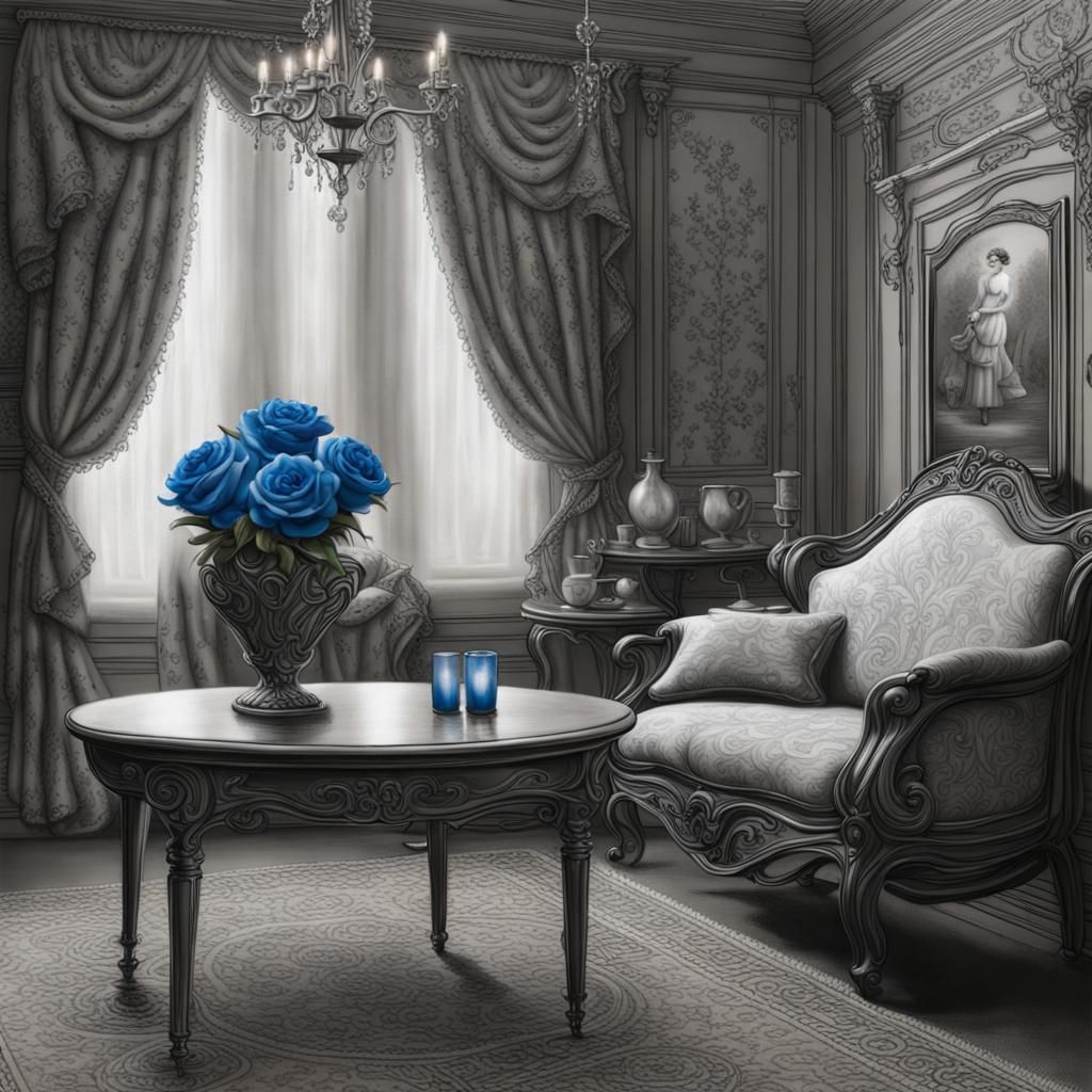 Greyscale Victorian Parlor with Blue Rose