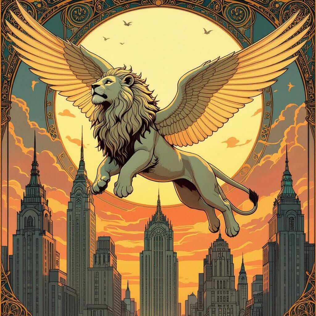 Winged Lion Soaring Above Art Deco City