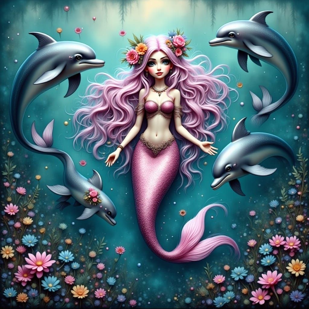 Pink Mermaid with Dolphins in HD Fantasy Art