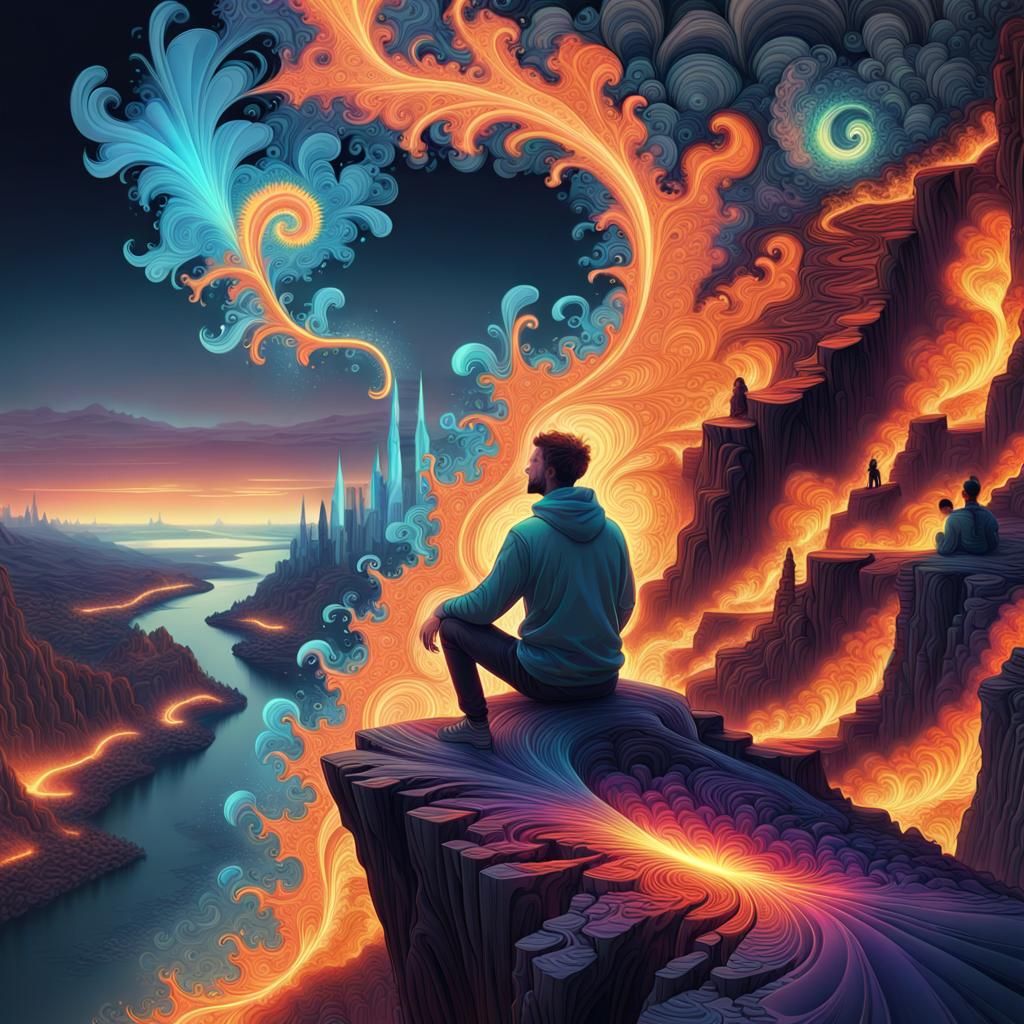 Man Watching Burning City: Abstract Cosmic Illustration