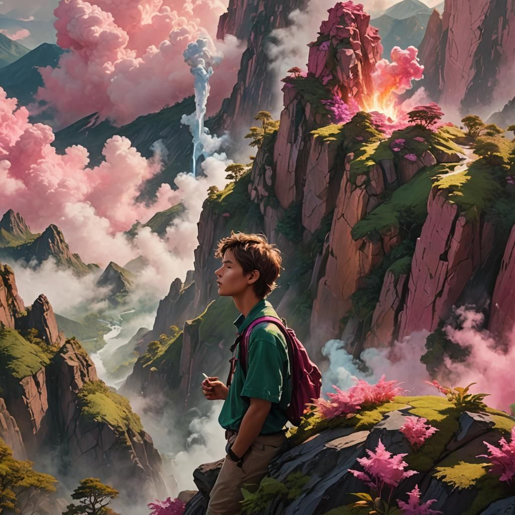 Boy Smoking on Mountain Peak: Hyperrealistic Digital Art