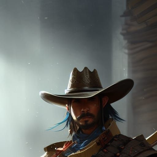 Elven Samurai Enters the Wild West Saloon in Triadic Color S...
