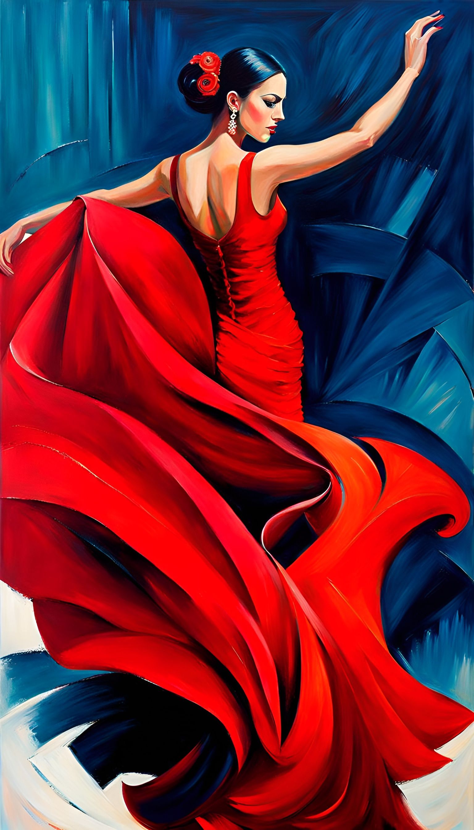 Flamenco Dancer in Red Gown, Abstract Oil Painting