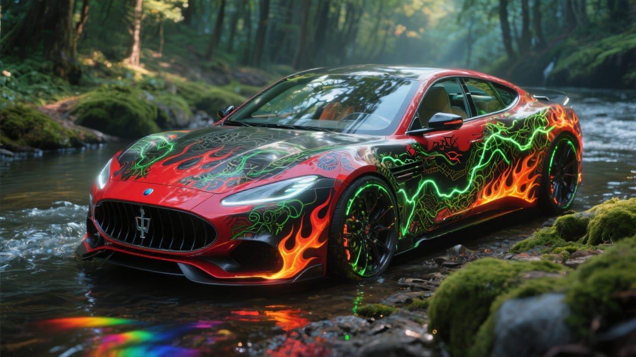 Luxury Car with Cybernetic Flame Tattoos: Photorealistic Dig...